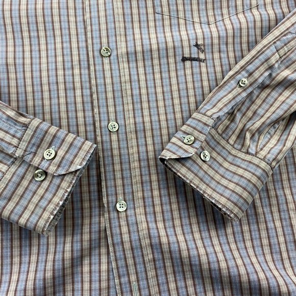 Eddie Bauer Shirt Men Large Tall LT Brown Blue Plaid Button Down DEFECT Stitched - Picture 2 of 10